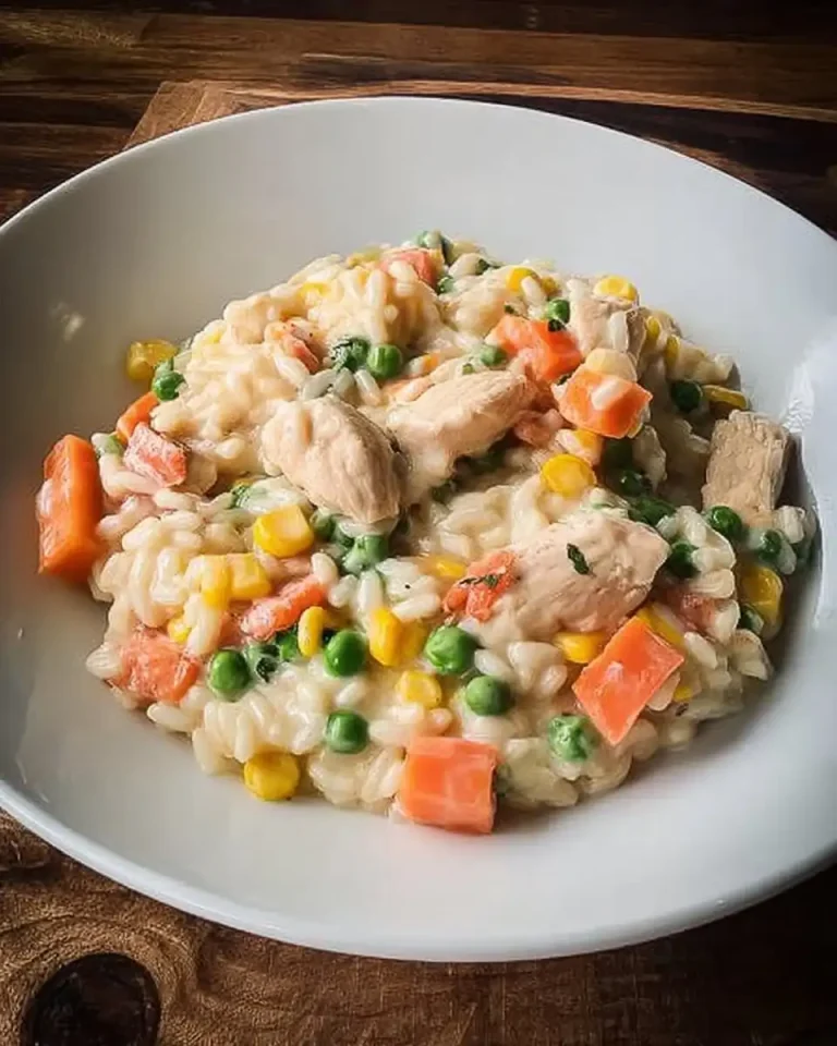 Frisch zubereitetes Hühnchen mit Reis und Gemüse in cremiger Sauce