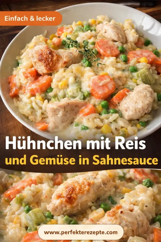 Pfannengericht mit Hähnchen, Reis und buntem Gemüse in einer cremigen Sahnesauce