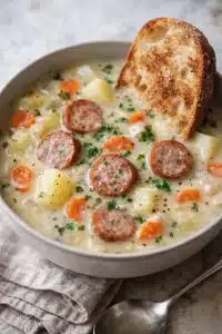Schüssel mit traditioneller deutscher Kartoffelsuppe, garniert mit frischen Kräutern.