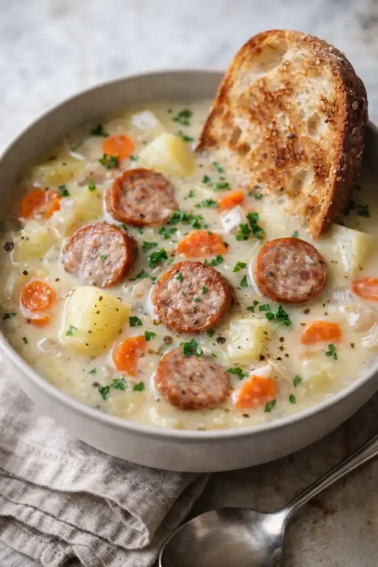 Schüssel mit traditioneller deutscher Kartoffelsuppe, garniert mit frischen Kräutern.