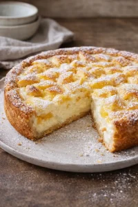 Apfelkuchen mit Zimt und Pudding auf einem Tisch serviert