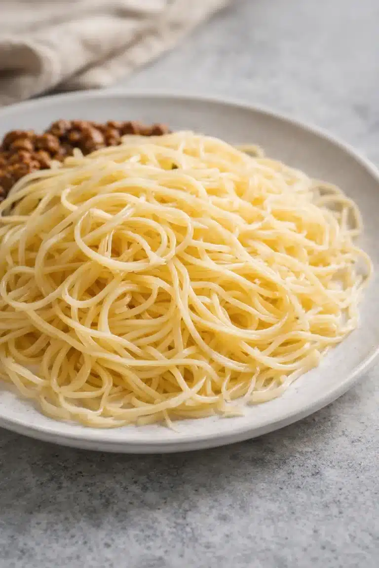 Asiatische Hackfleisch-Nudeln mit frischem Gemüse und würziger Sauce