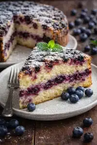 Ein saftiger Blaubeer-Zitronen-Kuchen mit Zuckerguss und frischen Beeren auf einer Kuchenplatte