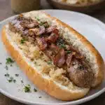 Gebratene deutsche Bratwürste serviert auf einem Bett aus Sauerkraut mit einem Klecks Senf