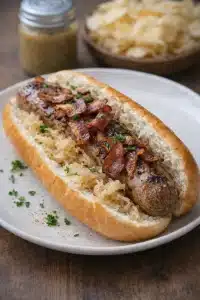 Gebratene deutsche Bratwürste serviert auf einem Bett aus Sauerkraut mit einem Klecks Senf