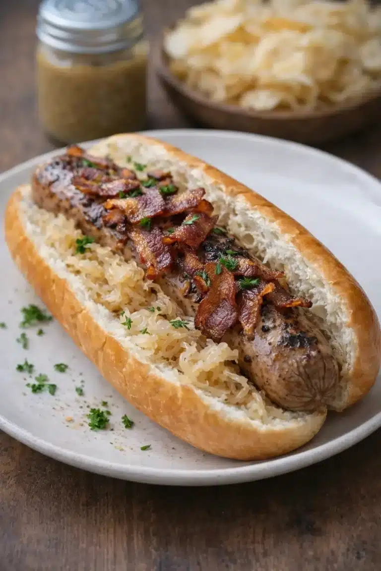 Gebratene deutsche Bratwürste serviert auf einem Bett aus Sauerkraut mit einem Klecks Senf