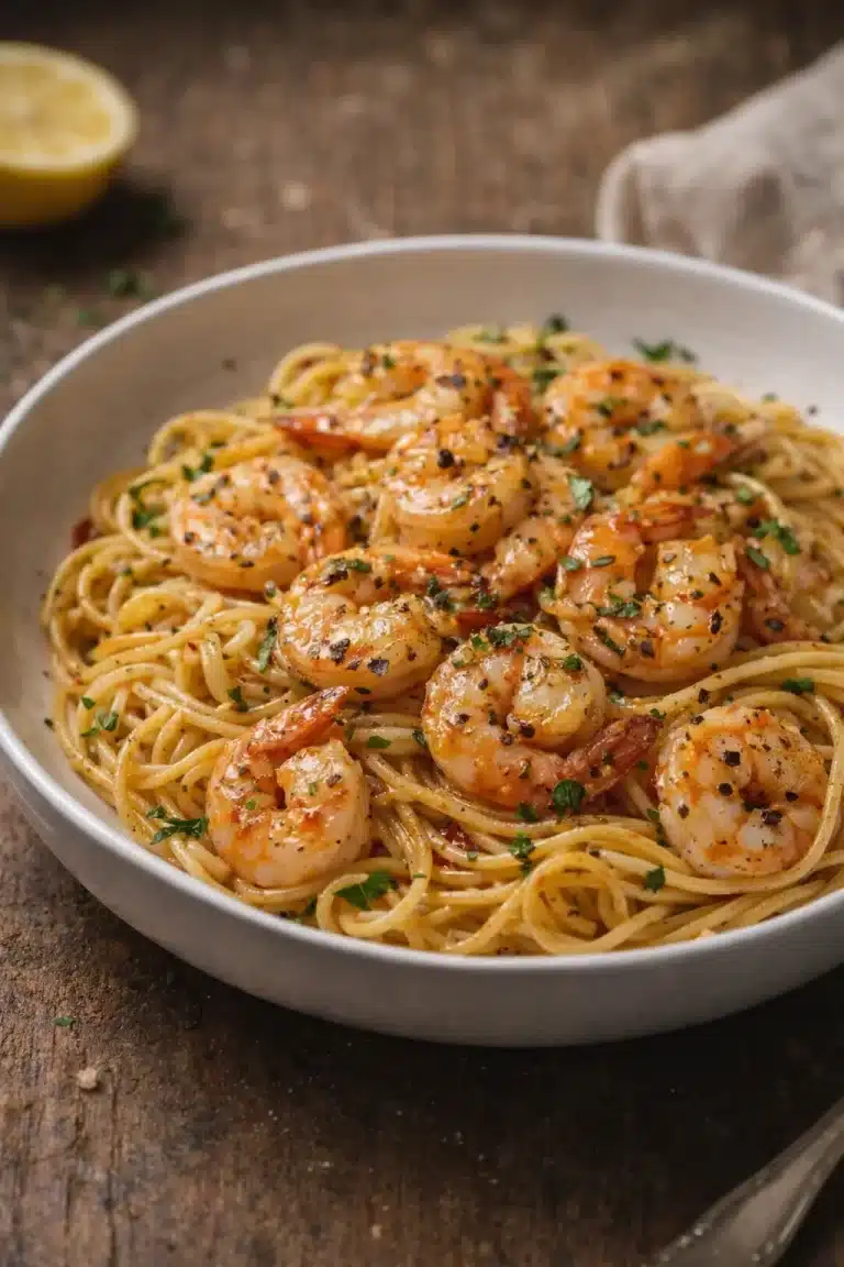 Leckere Knoblauch-Garnelen-Pasta mit aromatischem Knoblauch und frischen Garnelen