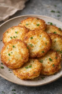 Knusprige Kartoffelpuffer serviert mit Apfelmus auf einem Teller.