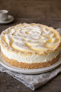 Quarkkuchen mit Baiser, cremig und goldbraun gebacken, perfekt für Desserts.