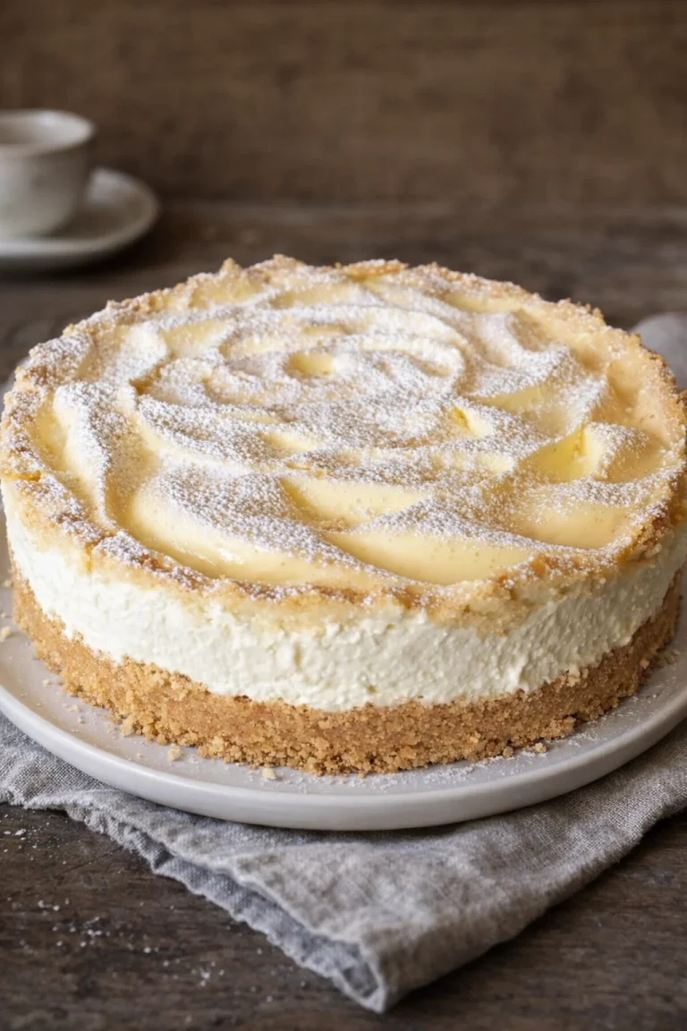 Quarkkuchen mit Baiser, cremig und goldbraun gebacken, perfekt für Desserts.