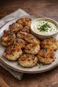 Schneller Fisch-Snack mit Zitronen-Kräuter-Dip auf einem Teller