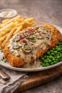 Schnitzel mit Jägersoße, serviere mit Beilagen auf einem weißen Teller.