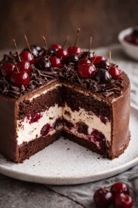 Schokoladenkuchen mit Sauerkirschen und Cremefüllung auf einem Teller