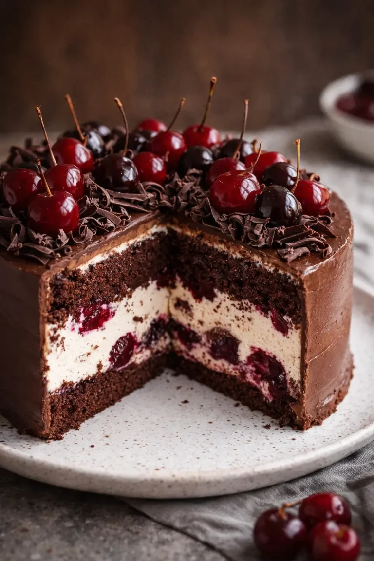 Schokoladenkuchen mit Sauerkirschen und Cremefüllung auf einem Teller
