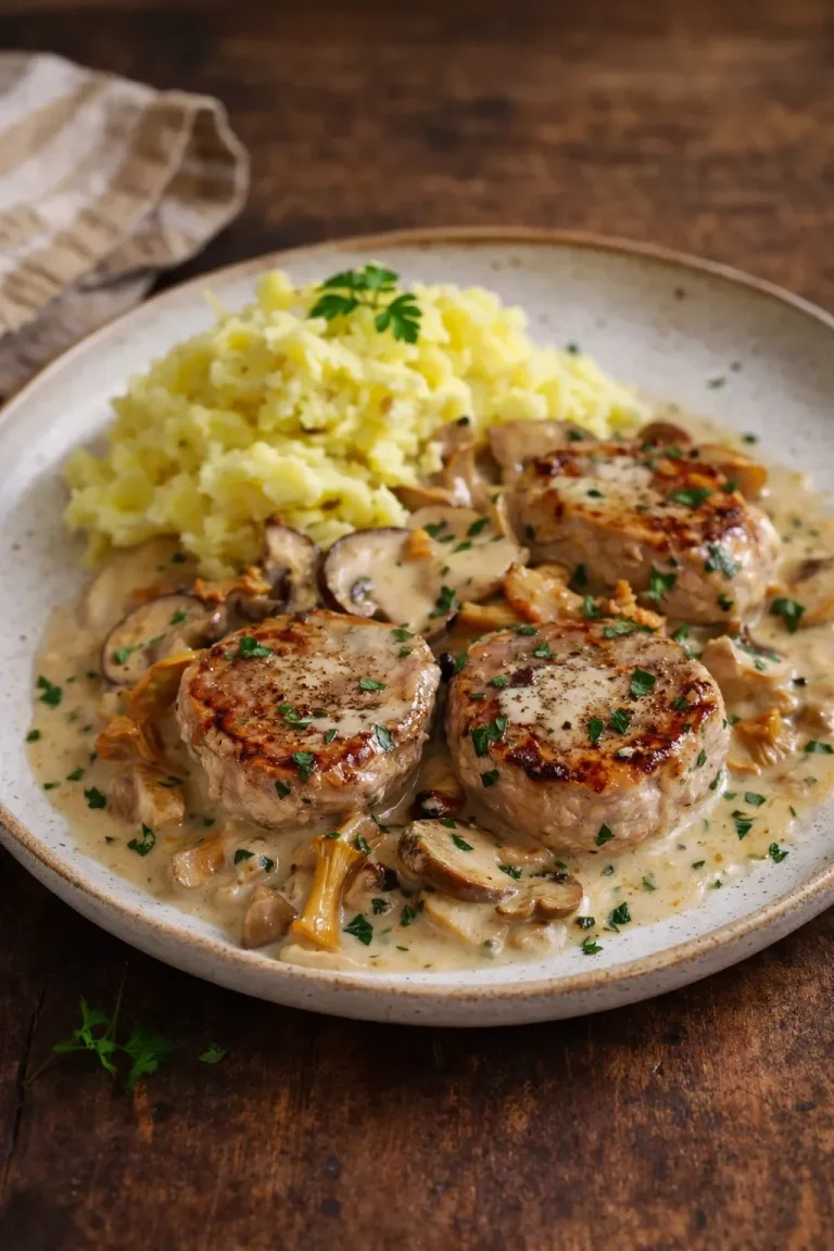 Schweinefilet mit Champignons und Spätzle auf einem weißen Teller