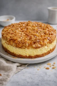 Cremige Vanillepudding Torte mit Mandelblättchen auf einem Teller serviert.